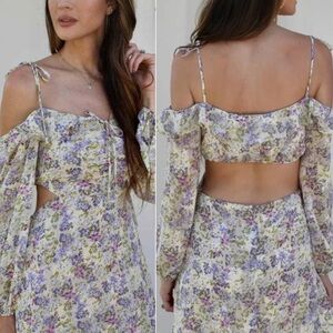 ASTR Anastasia Cutout Back Mini Dress, Ivory Lilac Floral, NWT